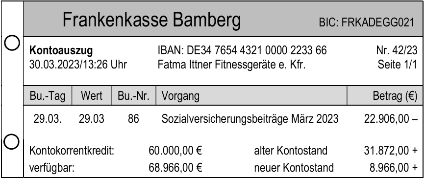 Kontoauszug der Frankenkasse Bamberg mit Datum, Buchung "Sozialversicherungsbeiträge" und Kontostand